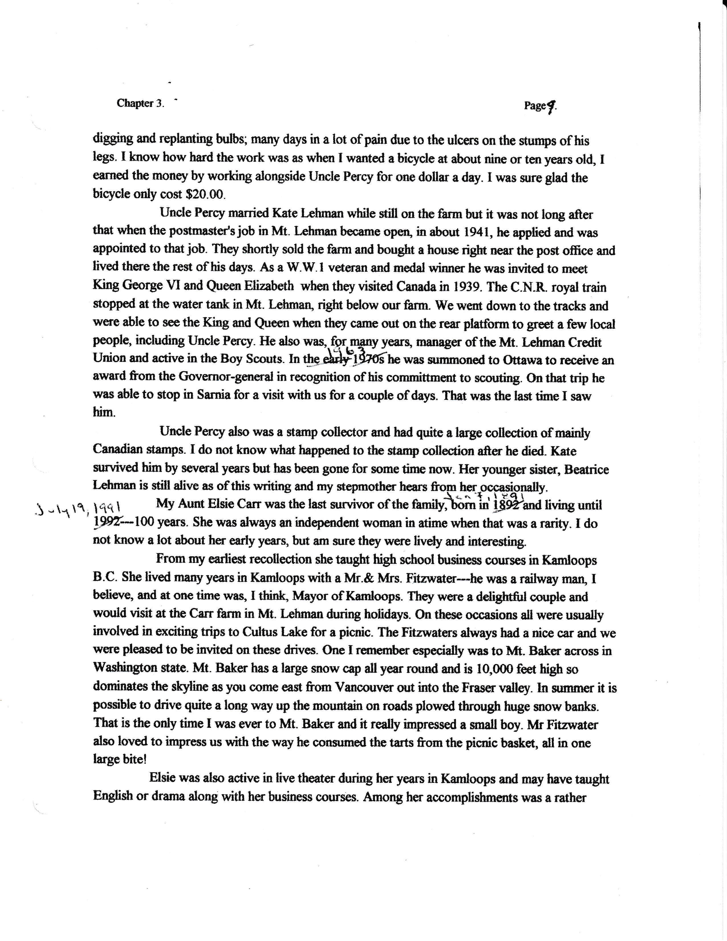 A scanned page of typed text from a book or document, featuring a chapter heading and text about personal history, family, and experiences, including mentions of Uncle Percy, Stamp Collector, and Mount Baker, with handwritten edits and notes in the m