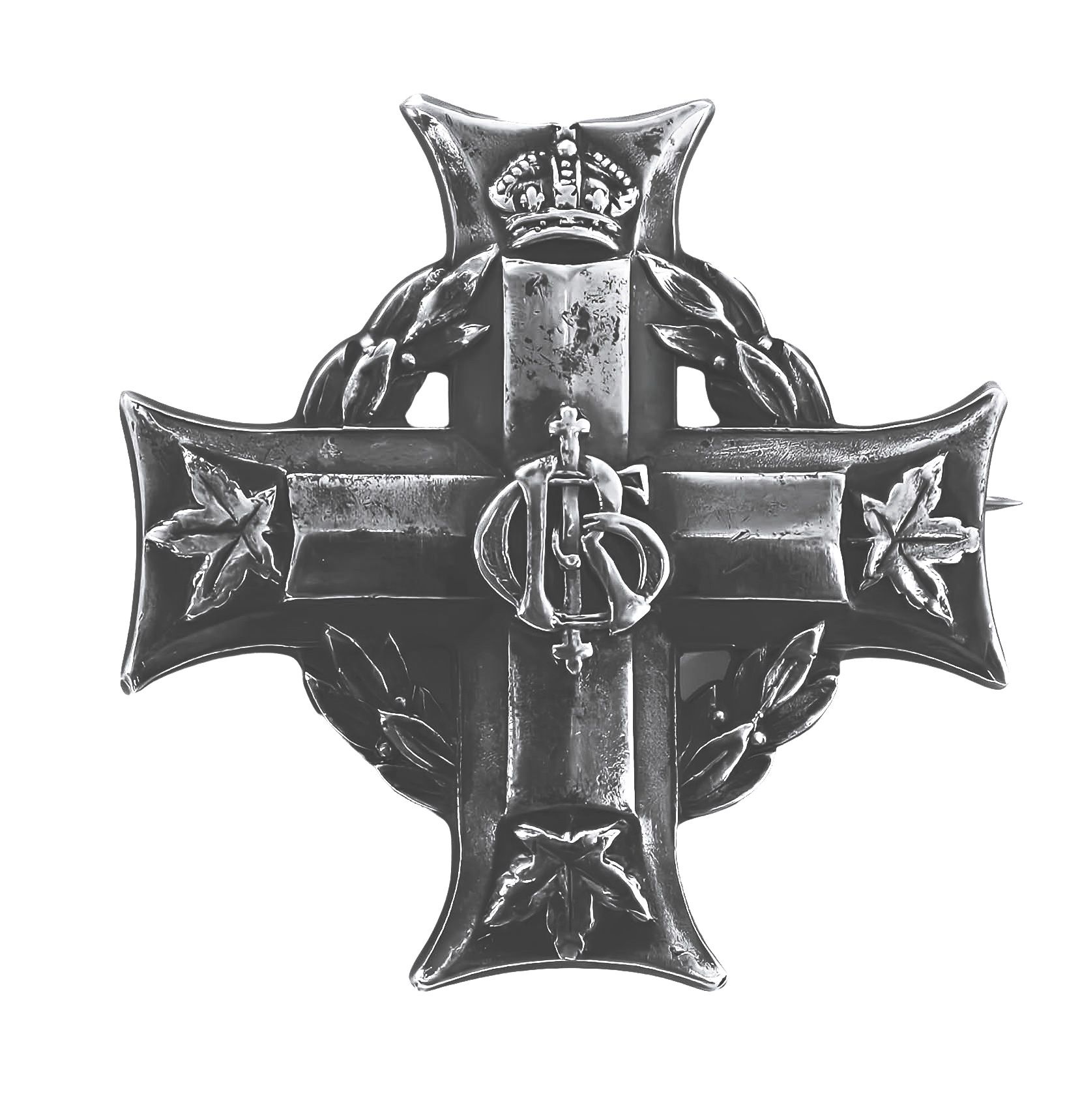 A metallic cross-shaped military medal with ornate details, including a crown at the top and a central clasp, against a black background.
