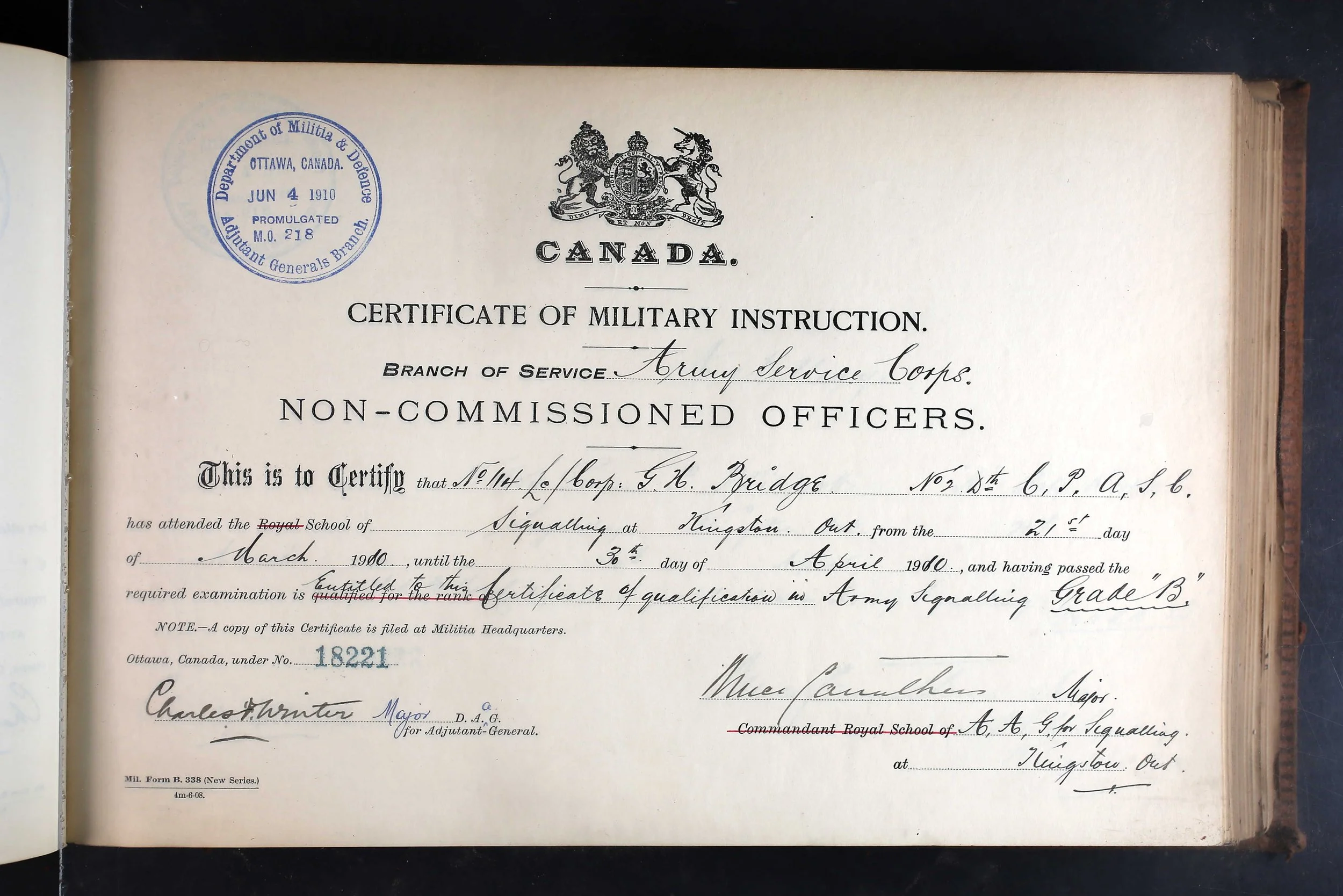 A vintage Canadian military certificate of military instruction issued to an individual, with a blue official stamp from Ottawa, Canada, dated June 4, 1910, featuring a royal crest at the top.