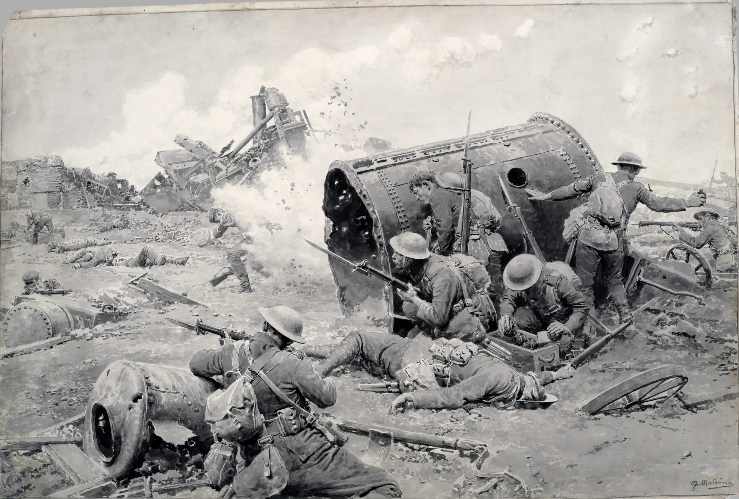 World War I soldiers fighting in muddy trenches, with damaged artillery and debris, during a battle.