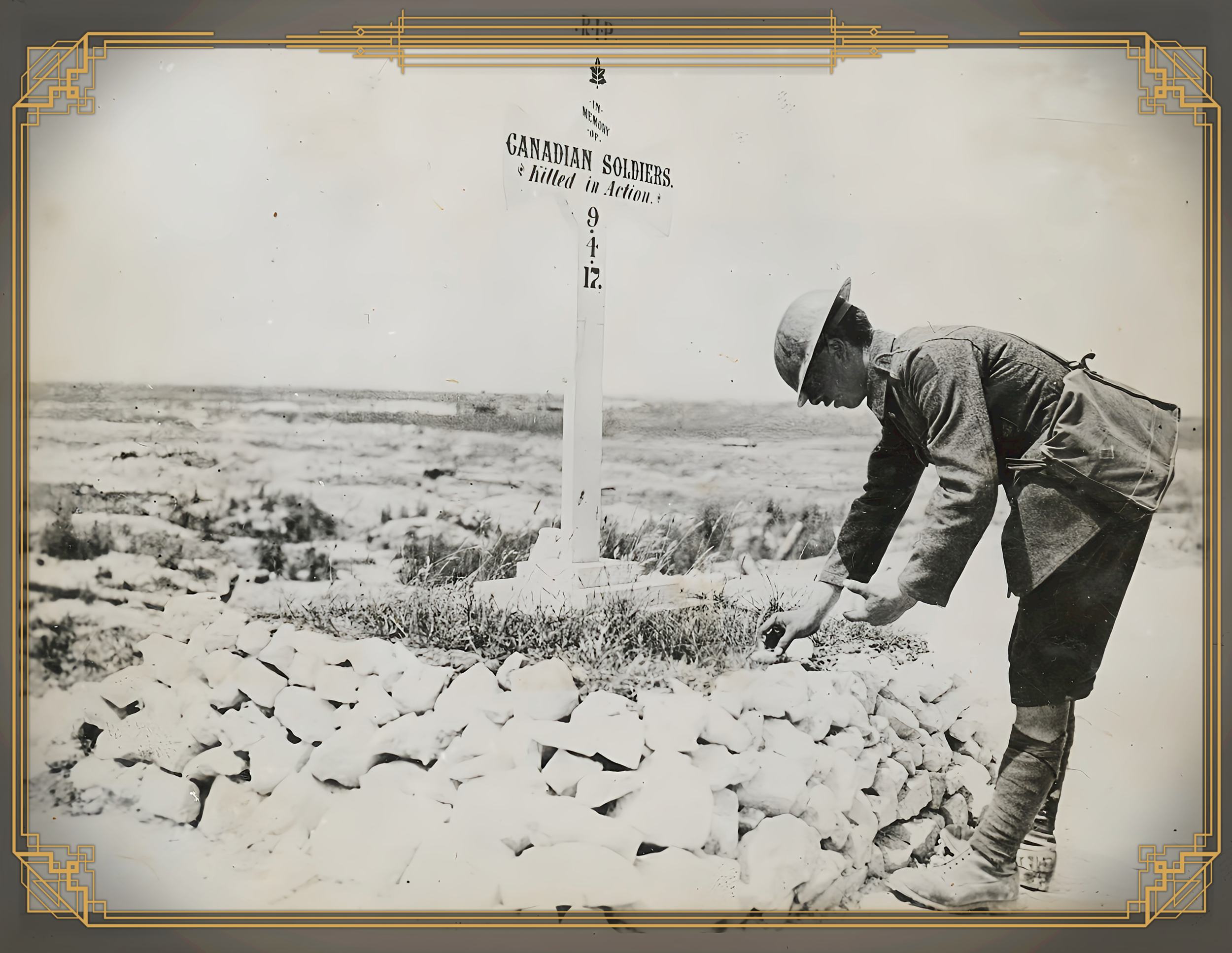 A soldier placing a cross at a grave marked with a sign reading 'In memory of Canadian soldiers. Killed in Action 9-4-17', in an open field during wartime.