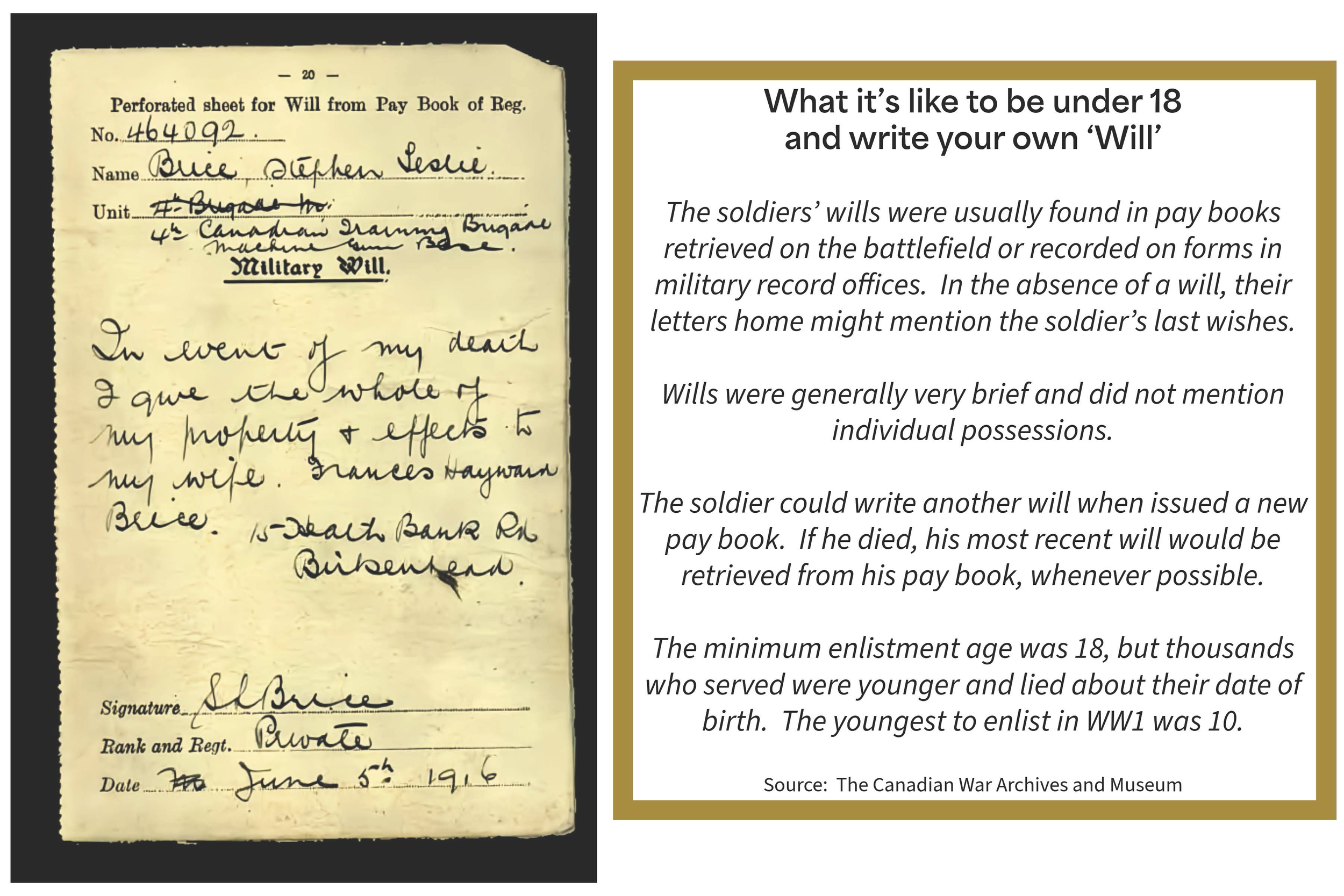A historical military will handwritten on aged paper on the left, and a printed informational text about soldiers' wills on the right, under a golden border.