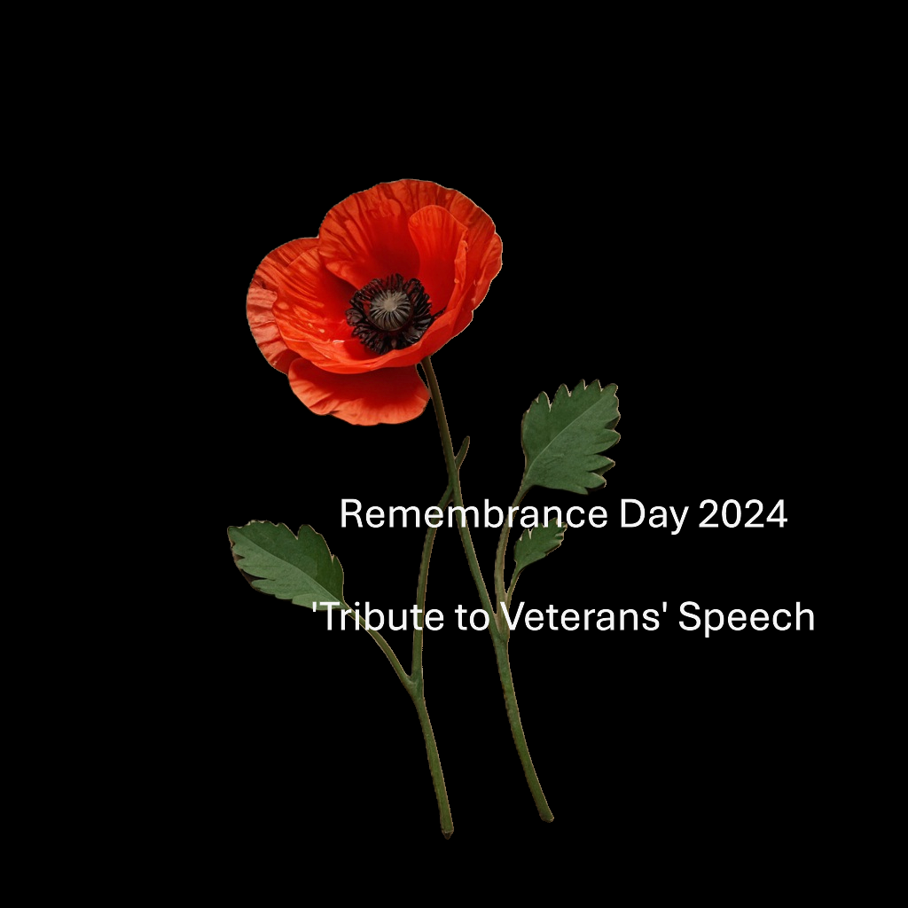 Red poppy flower with green leaves on black background, with text reading 'Remembrance Day 2024, Tribute to Veterans' Speech'.