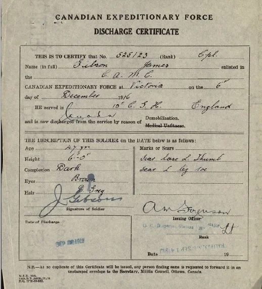 Discharge certificate from the Canadian Expeditionary Force for Glenney James, enlisted in C.A.H.C., served at Victoria, England in December 1916, age 47, dark complexion, brown eyes, dark hair, with a scar on nose and leg, signed by A. Ferguson.