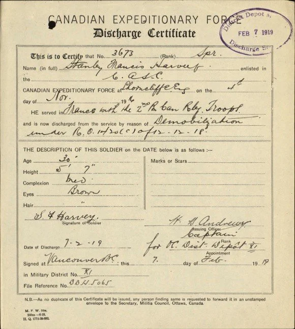 Discharge certificate for Stanley Marnus Harvey from Canadian Expeditionary Force, issued February 7, 1919, indicating service in France with the 2nd Bah Troop. Contains personal details, signature, and official stamps.