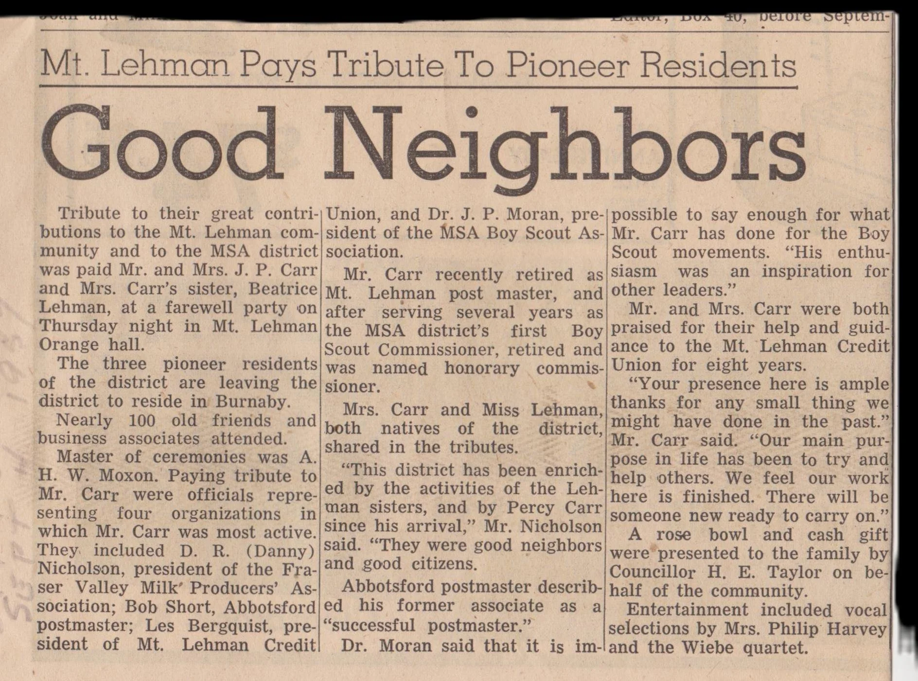 A newspaper article titled 'Good Neighbors' paying tribute to Mr. and Mrs. Carr, pioneers in their community, with details of their contributions and community events.