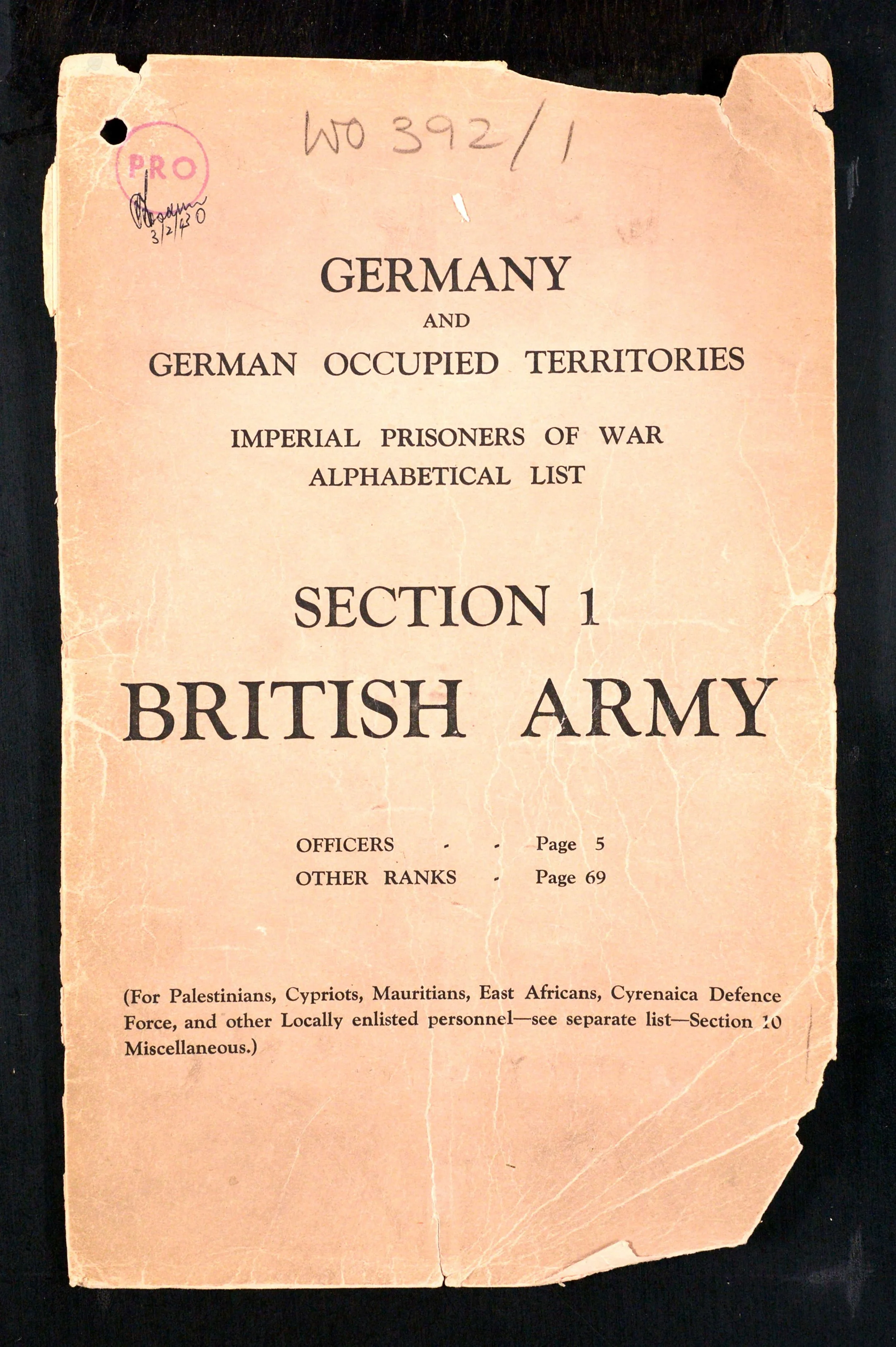 A worn and torn pink paper document titled 'Germany and German Occupied Territories,' listing officers and ranks, related to the British Army during wartime, with handwritten annotations and stamps.