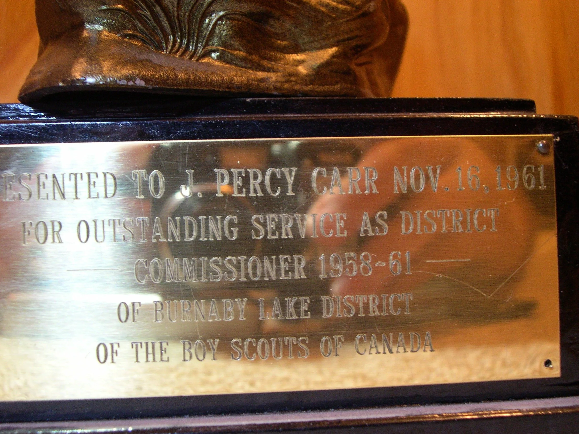 Percy Carr for outstanding service as district commissioner of the Boy Scouts of Canada, presented on November 16, 1961.