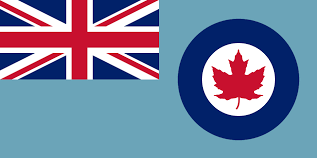 Canadian flag and British flag on a blue background.
