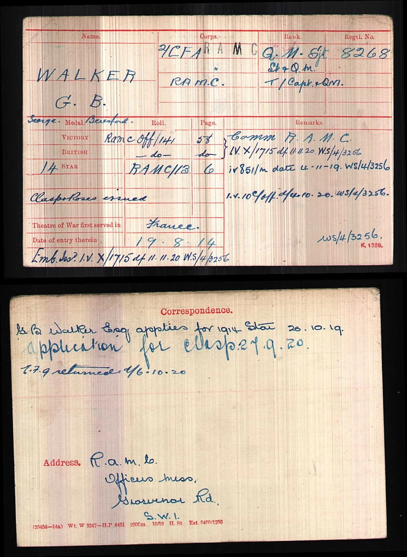 A military service record card for G. B. Walker, detailing his unit, rank, service in France during World War I, and correspondence related to his application for the Star medal.