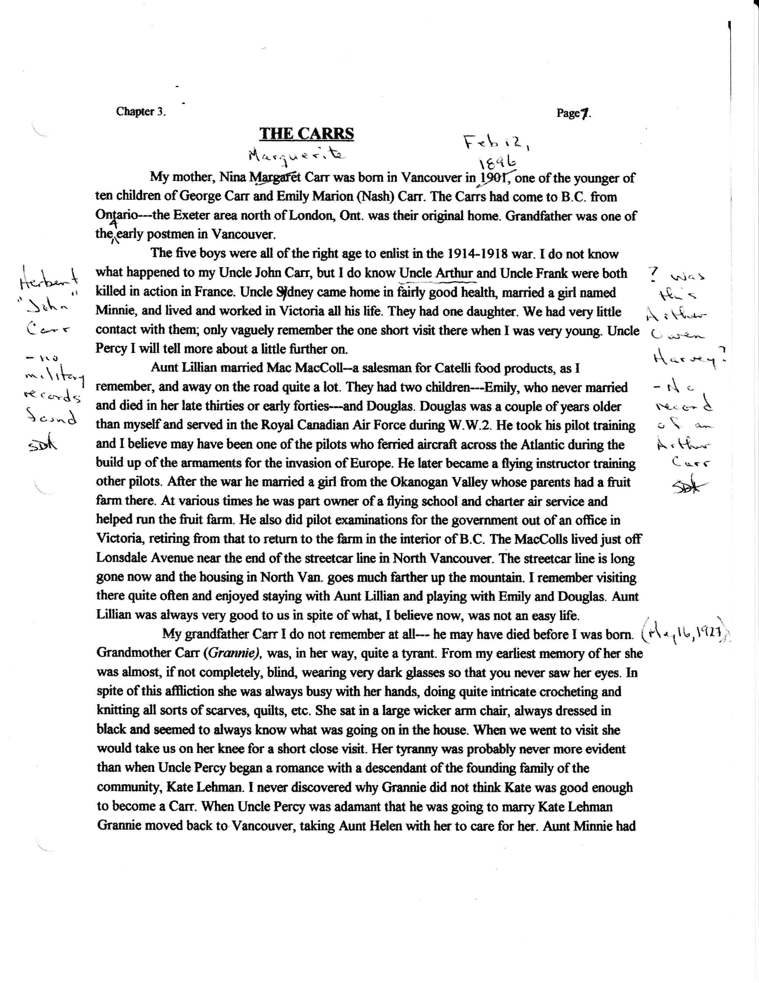 A typed historical document with handwritten notes and annotations about the author's family history in Vancouver, Canada, including details about their ancestors and relatives.