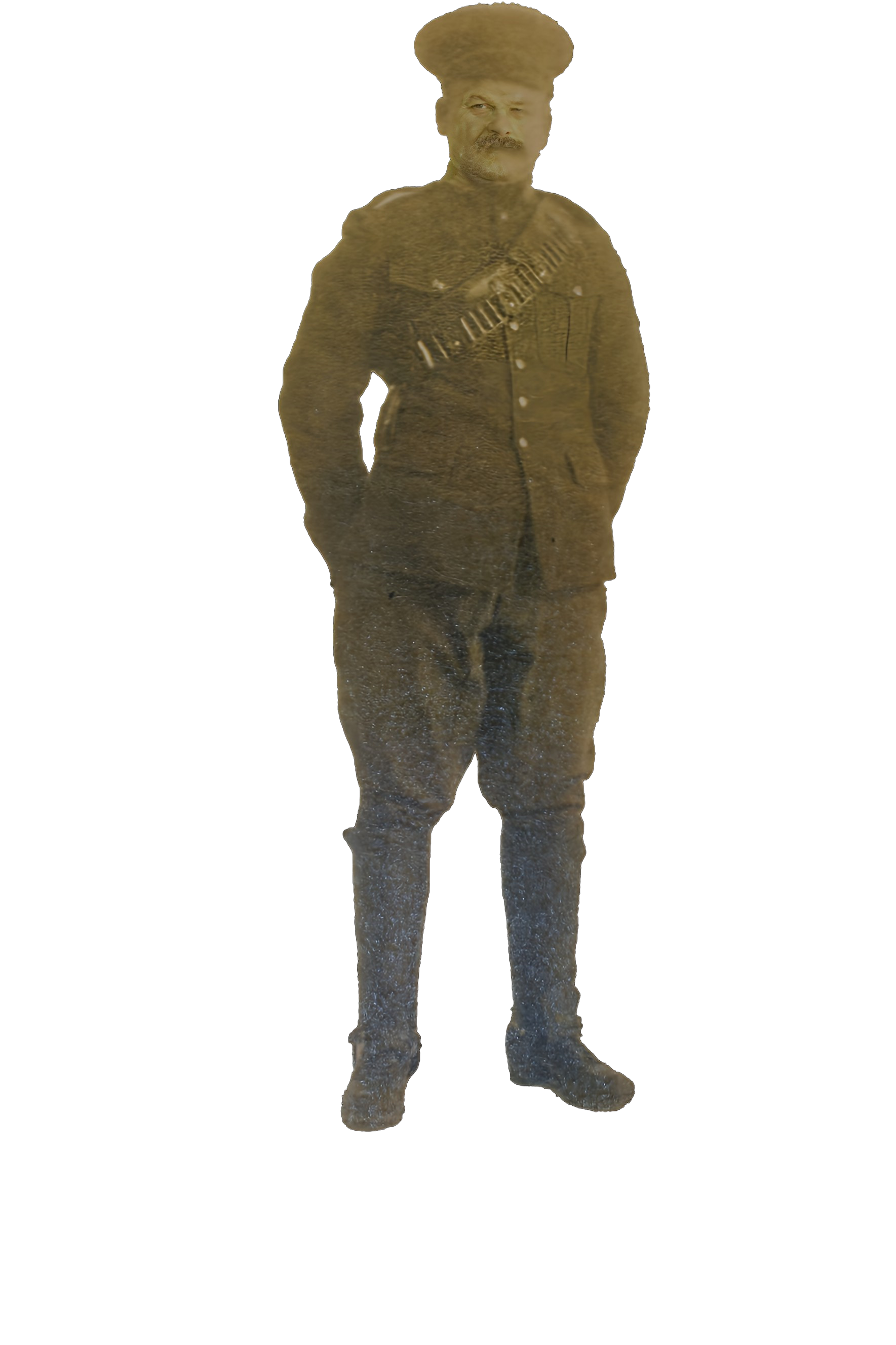 A person in a historical military uniform with a hat and a sash that reads 'U.S. MARINE' standing with hands in pockets against a black background.