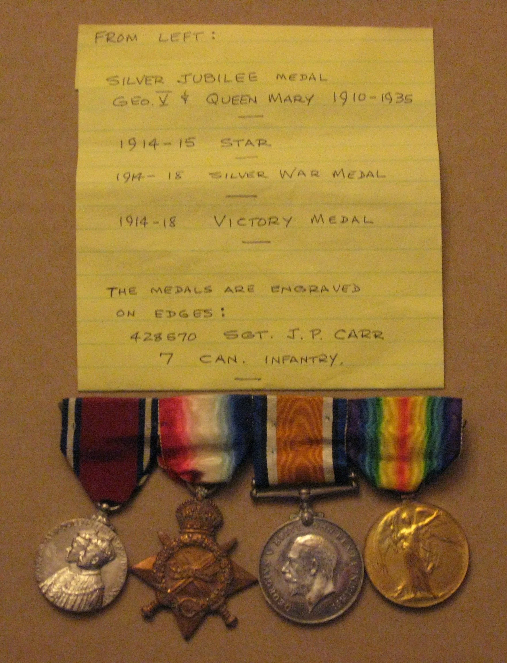 Medals of James Percy Carr.
Left to right: Queen Mary 1910-1935, 1914-15 Star, 1914-18 Silver War Medal, 1914-18 Victory Medal.