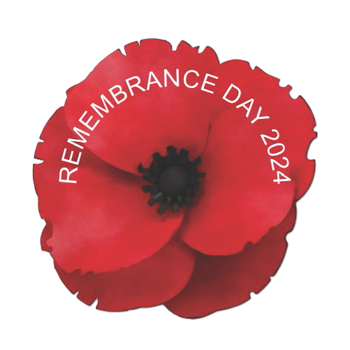 Red poppy flower with white text that reads 'Remembrance Day 2024' arranged in a circular pattern around the top curve of the flower.