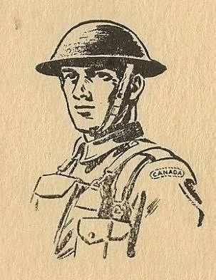 Line drawing of a soldier wearing a helmet and military uniform with a Canadian flag patch on the shoulder.