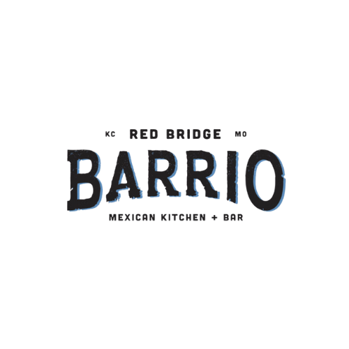 Logo for Red Bridge Barrio Mexican Kitchen and Bar with stylized blue text on a black background.