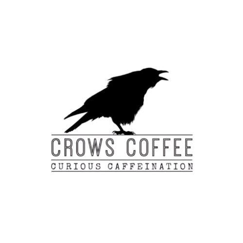 A logo featuring a black silhouette of a raven perched on a branch with the text 'Crows Coffee' and 'Curious Confabulation' underneath.
