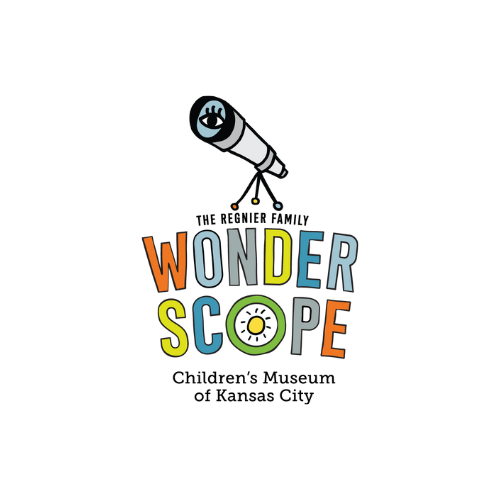 Colorful text that reads 'Wonderscope' with a drawing of a telescope above and colorful dots coming out of it, set against a black background.