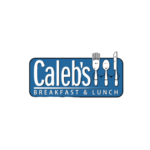 Logo for Caleb's Breakfast & Lunch with a blue background, featuring black cutlery (fork, knife, spoon) arranged vertically.