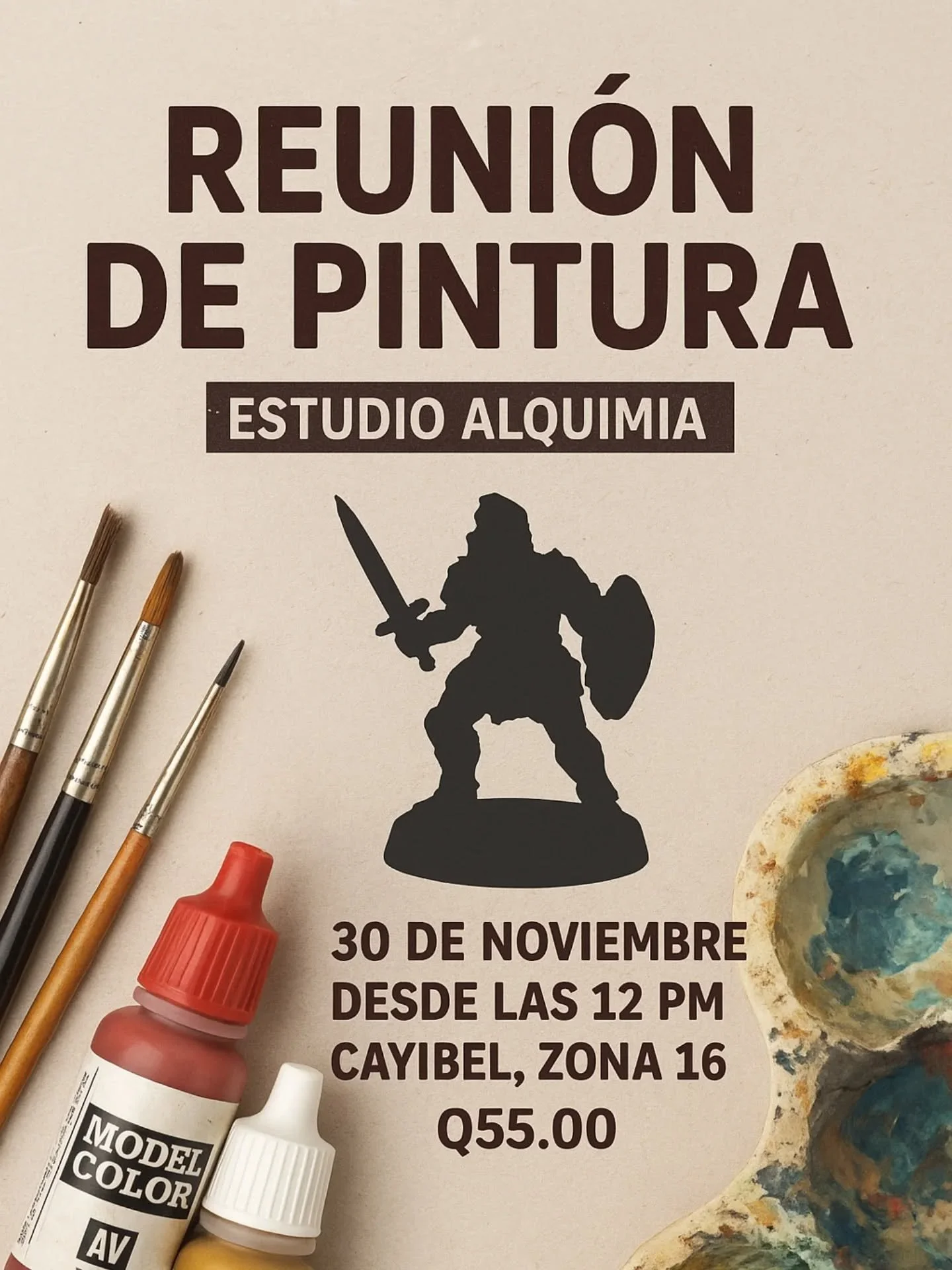 El Domingo 30 en la zona 16 Cayibel 
a partir de las  12 pm. 
Nos reunimos a Pintar 🖌️ 
&Uacute;nete a la comunidad pintando figuritas de cualquier tem&aacute;tica y escala. 

El ingreso incluye el Almuerzo.

Deben llevar sus pinceles y figuritas. 
