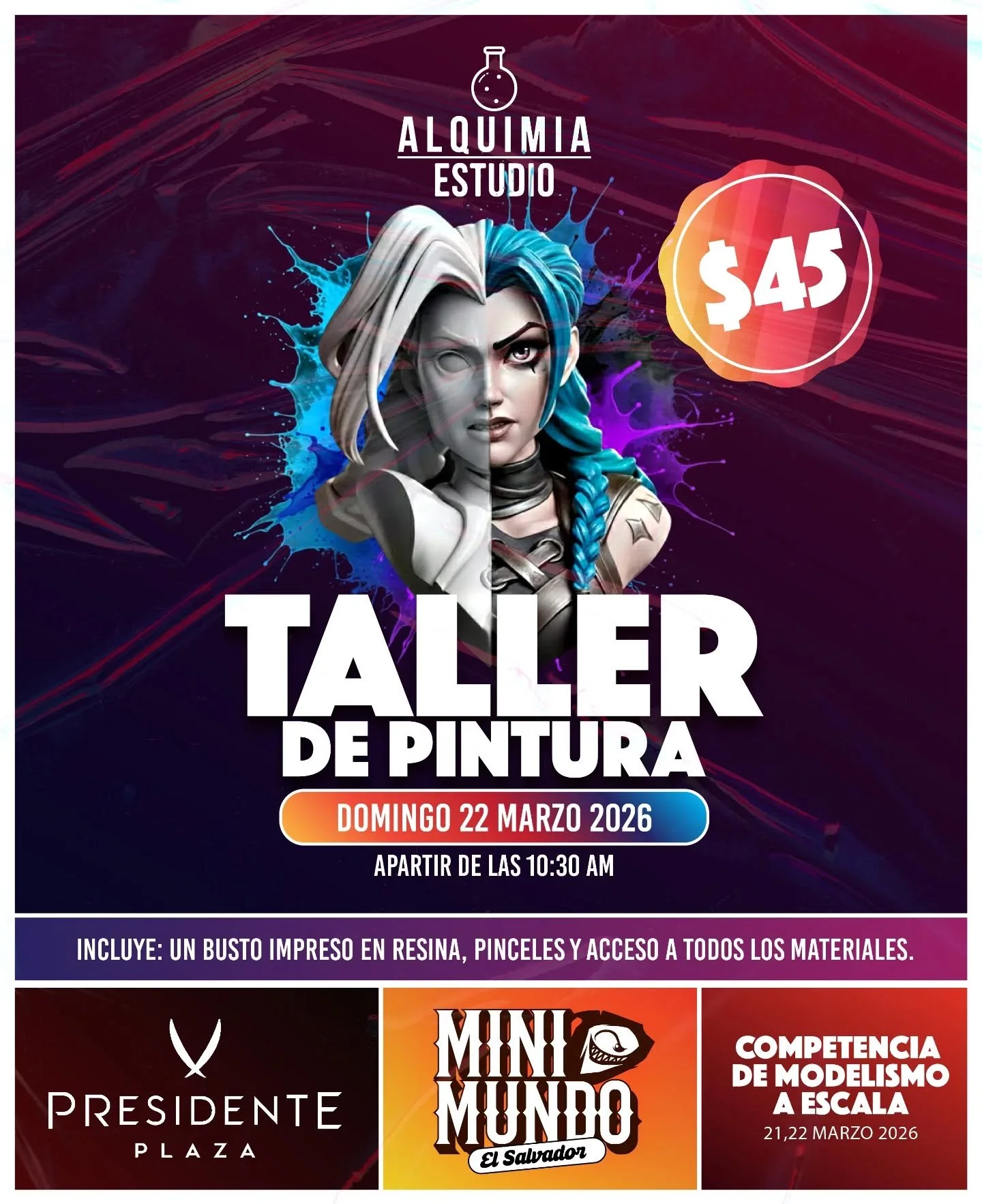 💥🎨 Taller Arcane &ndash; Jinx en MiniMundo SV 🎨💥

Vamos a Pintar a MiniMundo SV.
En este taller especial pintaremos a Jinx, uno de los personajes m&aacute;s ic&oacute;nicos del universo de League of Legends, en una experiencia guiada paso a paso 