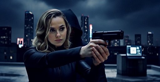 Cassidy Reyes as Saphina Drex in Glass Eater (2026), noir-inspired rooftop action close-up with dramatic cinematic lighting.