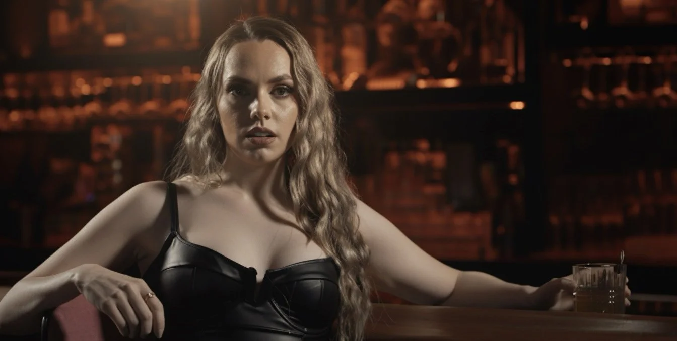 Cassidy Reyes in a cinematic noir-inspired bar scene as Camilla Valentina, reflecting the tone of a prestige thriller.