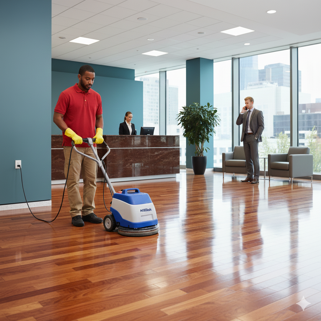 A man cleaning the floor of a modern cafeteria with a floor buffer machine, wearing yellow cleaning gloves.