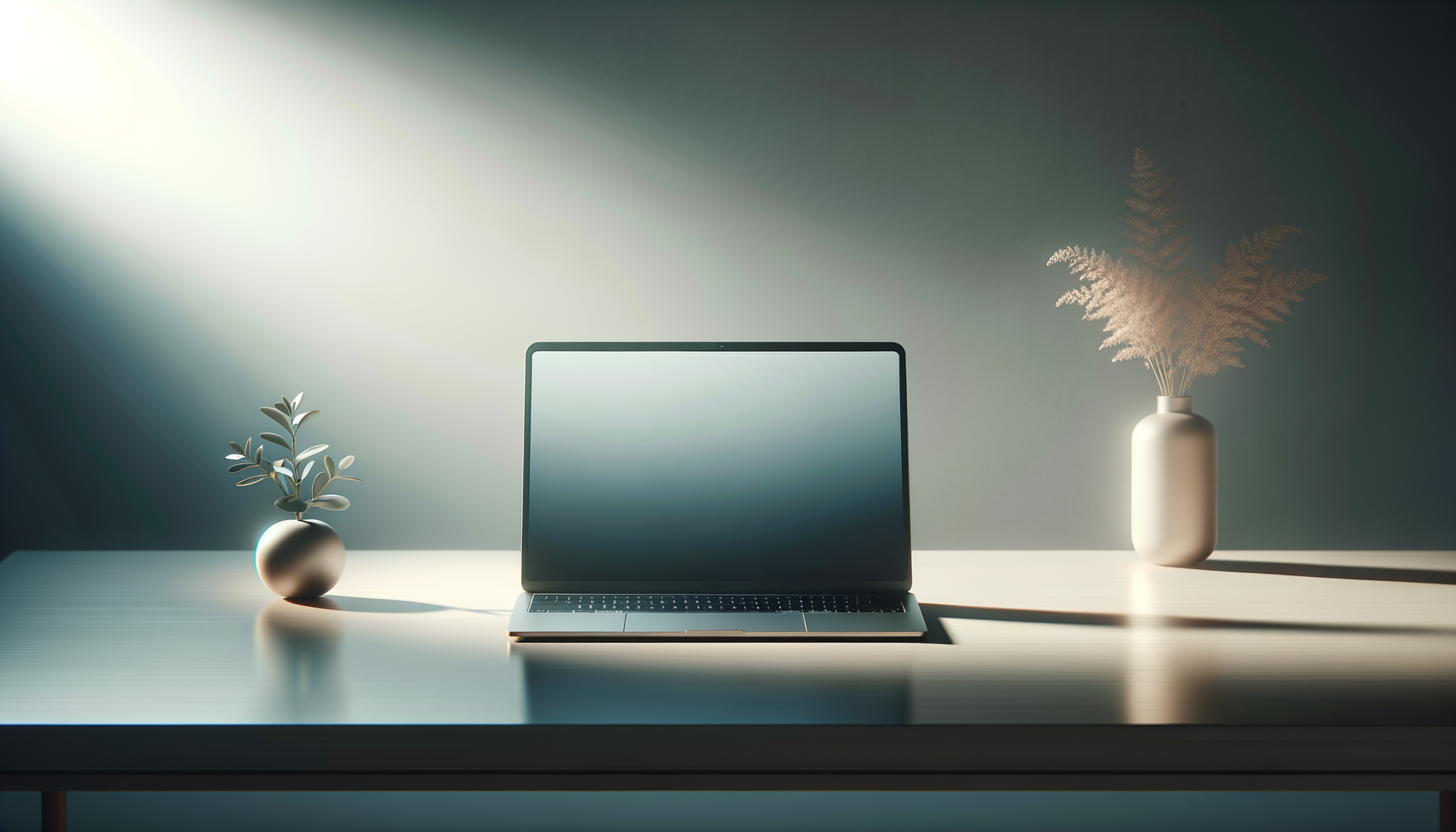 A laptop on a sleek white desk with two vases of plants, one on each side, in a minimally lit room with sunlight streaming in.