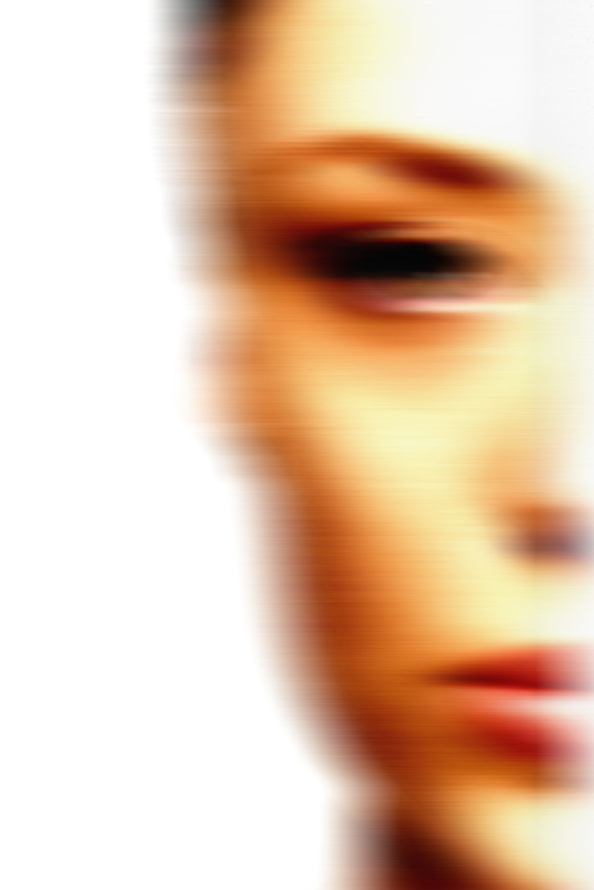 A close-up, blurry portrait of a woman's face with a prominent smile, showing teeth and red lipstick.
