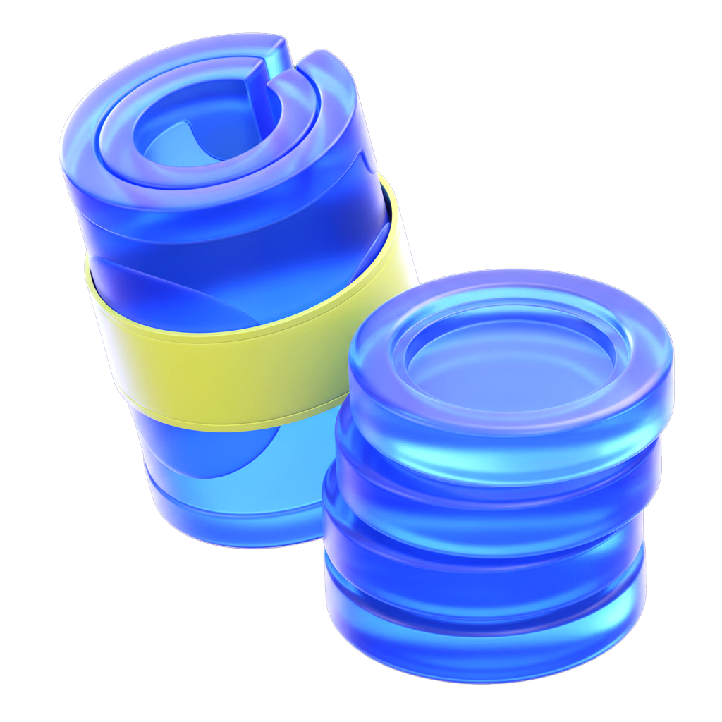 Monton de monedas y rollo de billetes azules hechos de cristal de color azul.