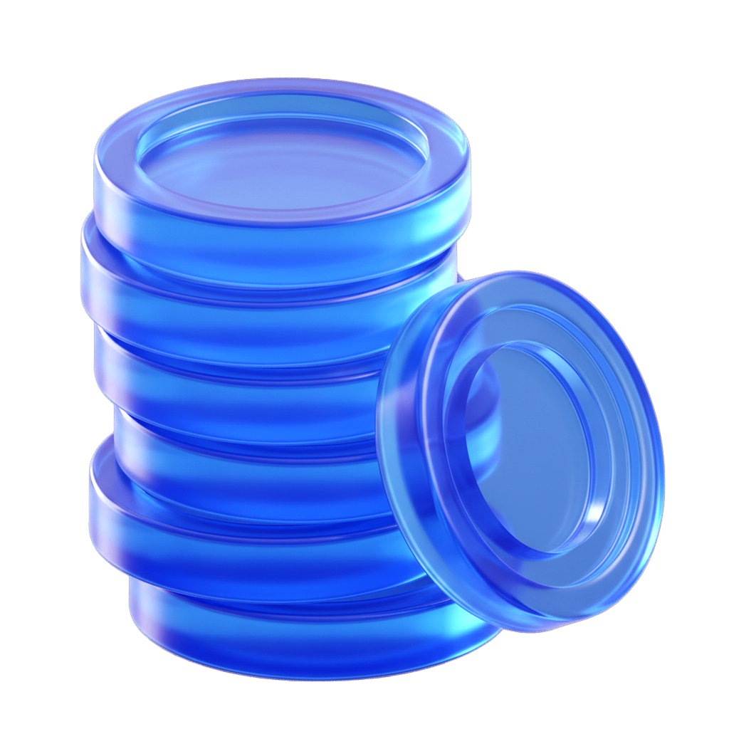 Montón de monedas apiladas hechas de cristal de color azul.