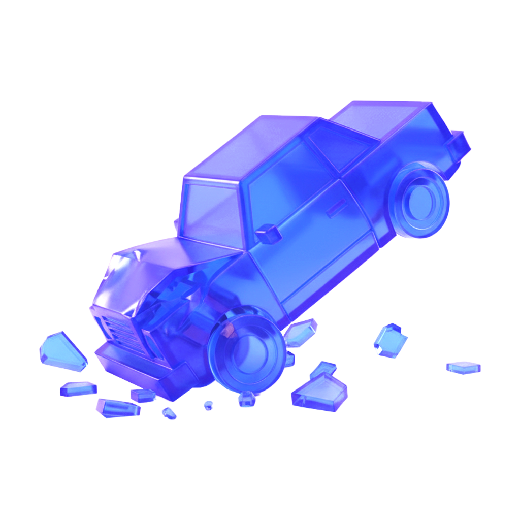 Coche de color azul hecho de cristal rompiéndose, con fragmentos dispersos alrededor.