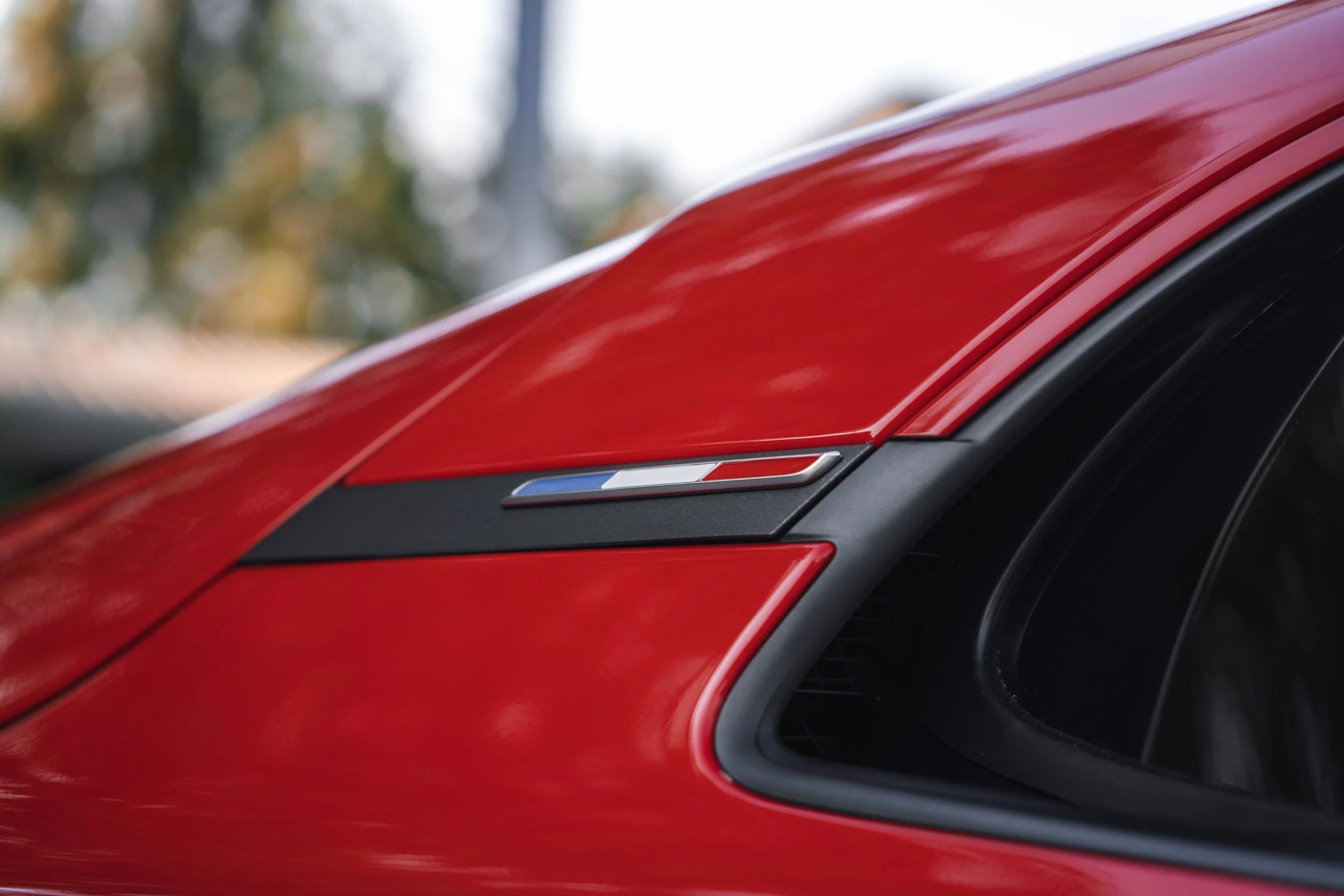 Close-up of a red car's hood and side mirror, with blurred background of trees and sky.