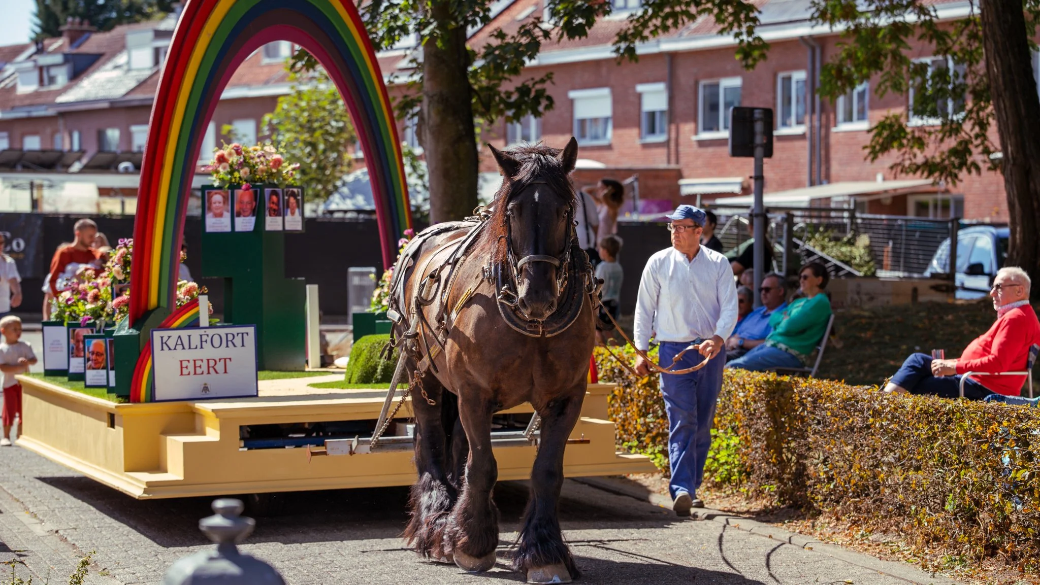 A horse pulling a decorated float with a rainbow arch and flowers, in a parade with spectators sitting and standing nearby.