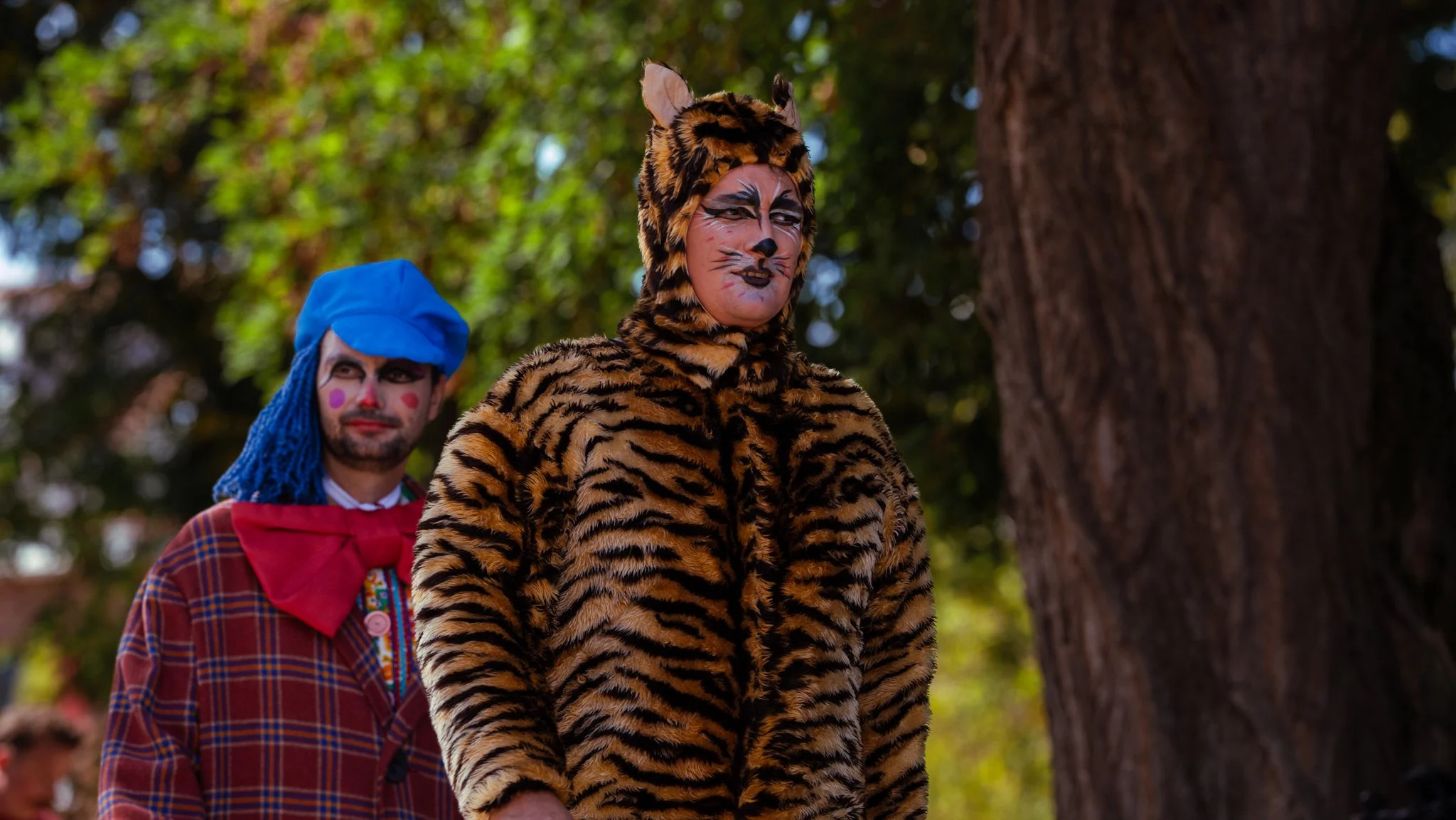 Two people dressed in clown and animal costumes outdoors, with trees and green foliage in the background. The person in front is in a tiger costume with face paint, and the person behind is in a clown costume with a blue hat and colorful makeup.