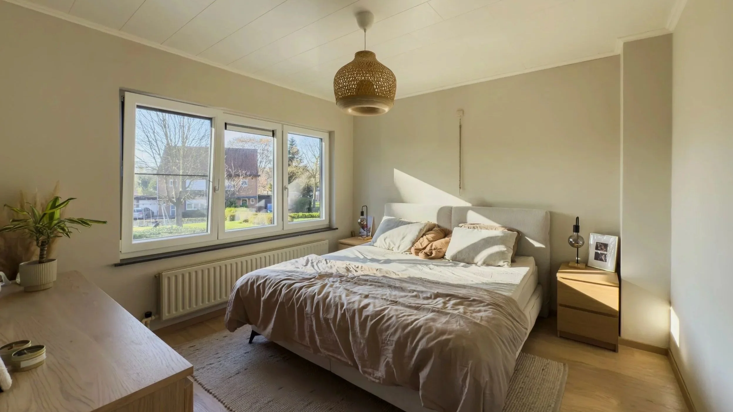 Bright bedroom with large window, beige bed with pillows, wooden nightstands, and a ceiling light fixture with a woven design.