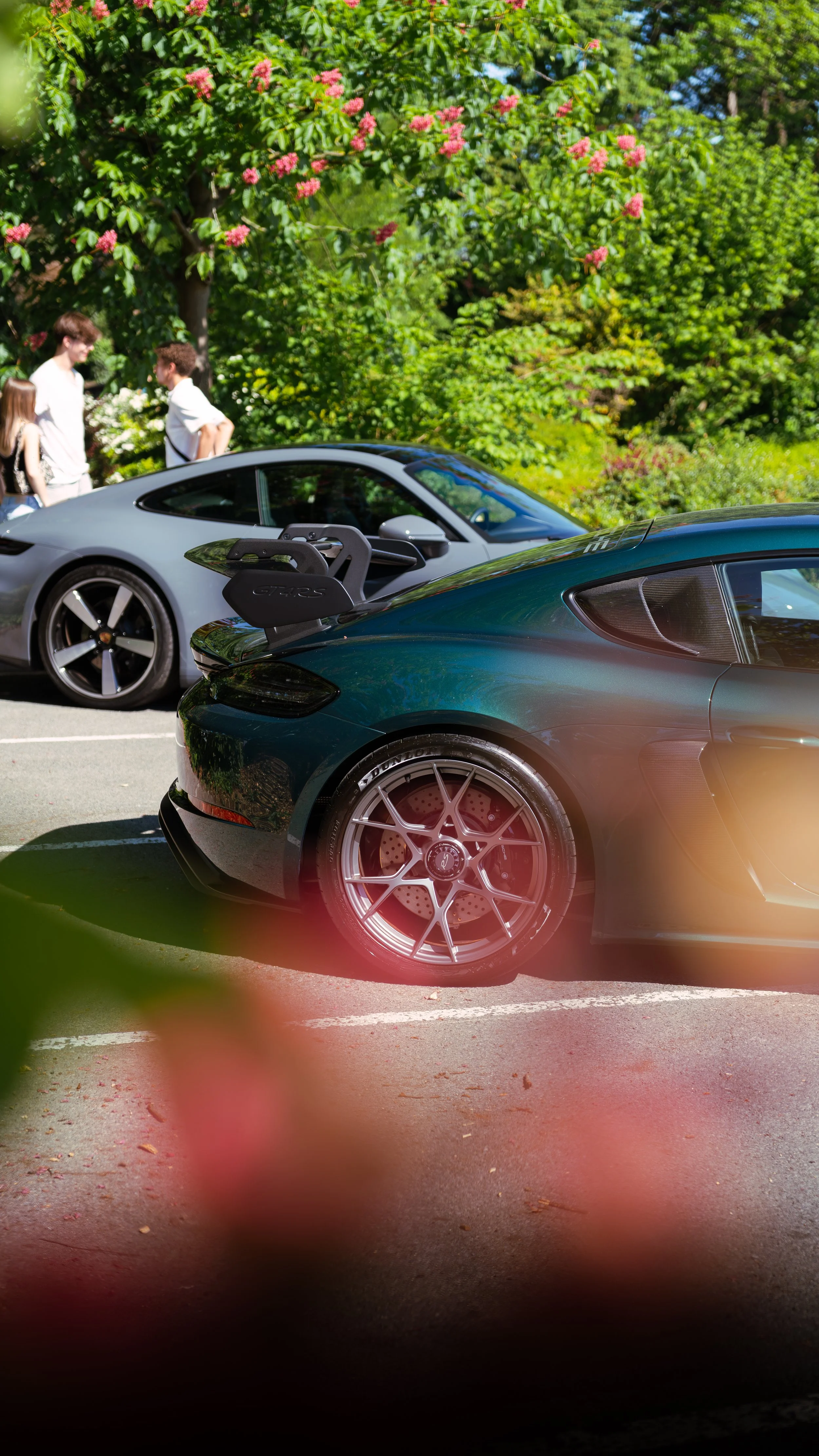 Two sporty cars parked on a sunny street with lush greenery and pink flowers in the background. Three people are standing and talking near the cars.