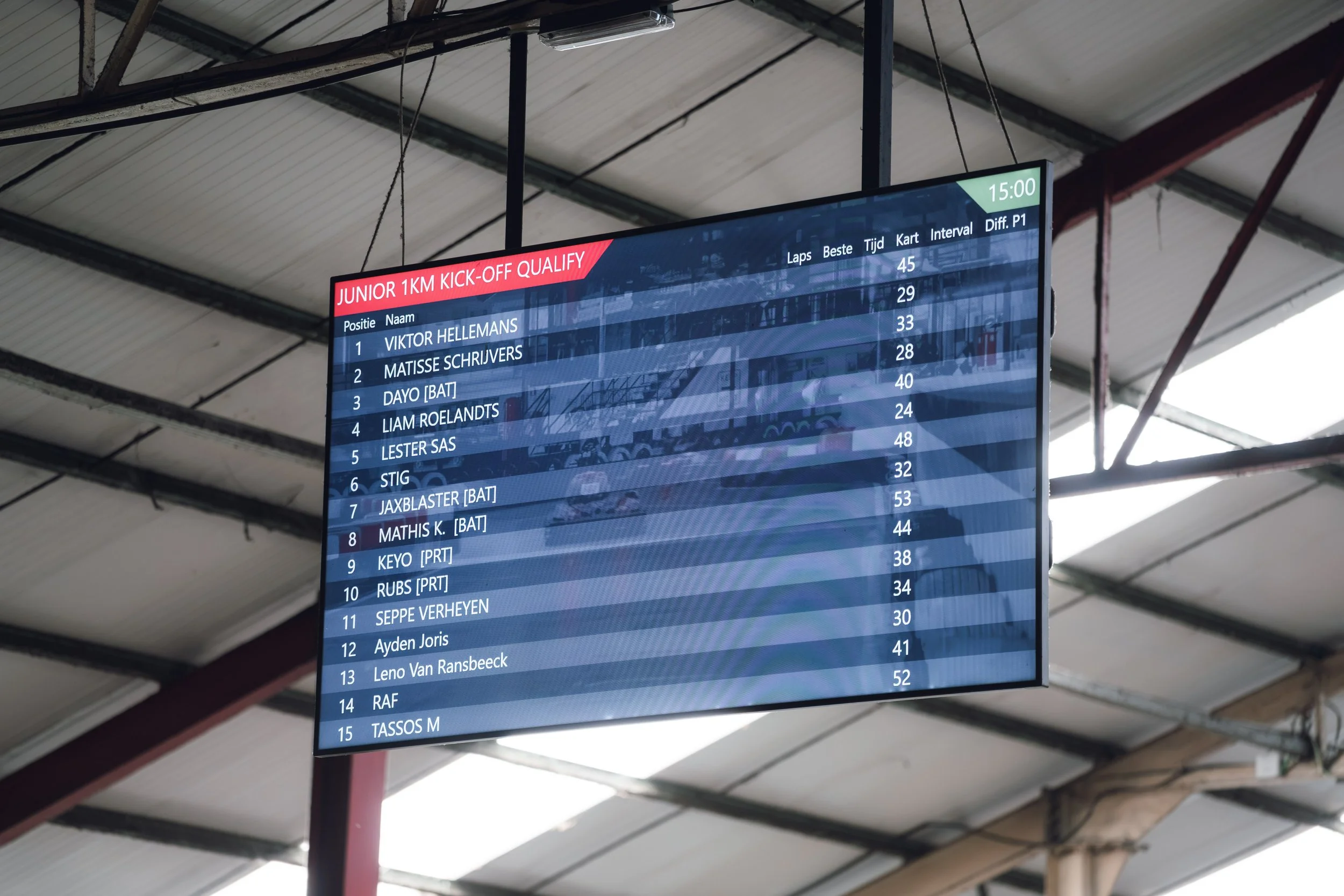 An electronic scoreboard displaying results for a Junior 1 km race, showing racers' names and their lap times, inside a sports facility with a metal roof.