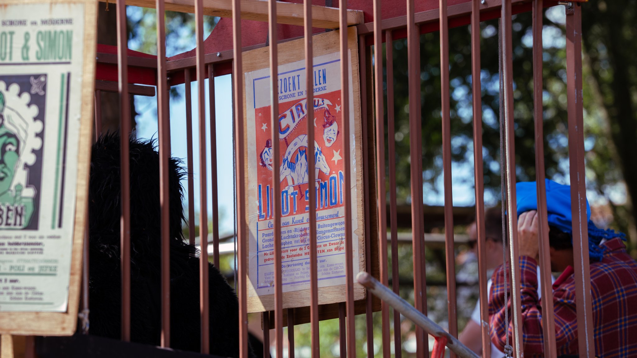 A black dog and a person in a plaid shirt with a blue hat behind the bars of a circus cage. A circus poster with red, blue, and white colors is on the cage, advertising a circus show.