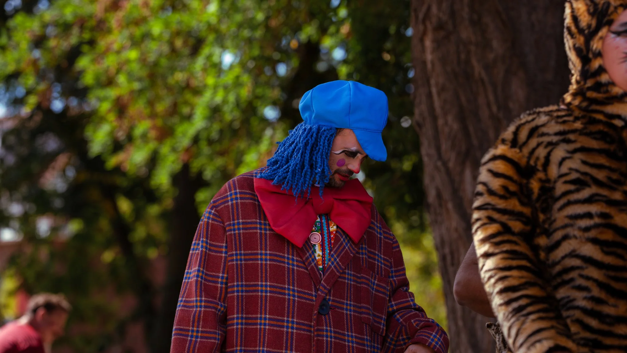 Person dressed as a clown or performer with blue curly wig, blue cap, red plaid coat, and face paint, standing outdoors near a tree, with another person in a tiger costume partially visible.