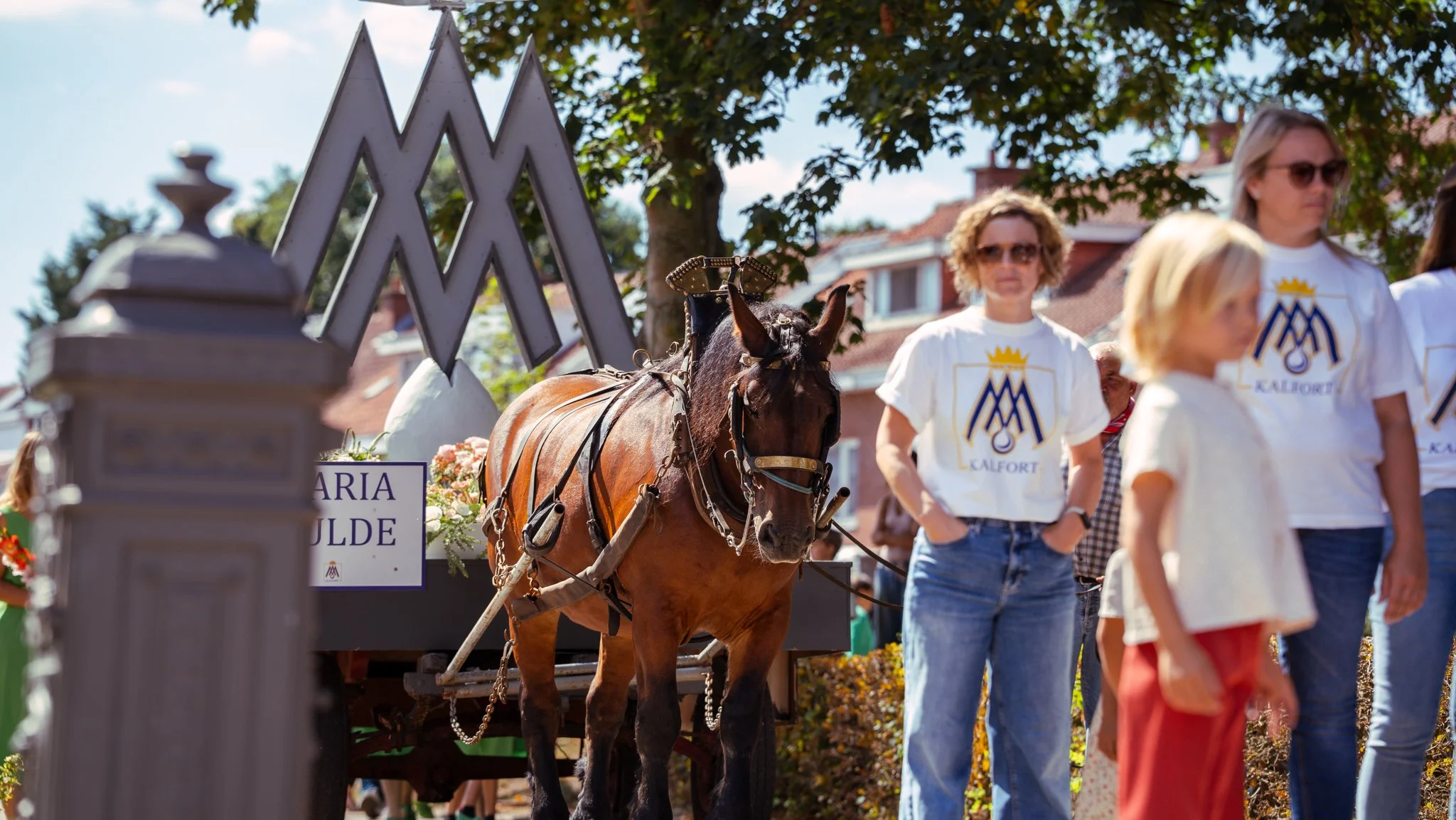 People participating in a parade or outdoor event, standing beside a horse pulling a decorated cart, with trees and buildings in the background.