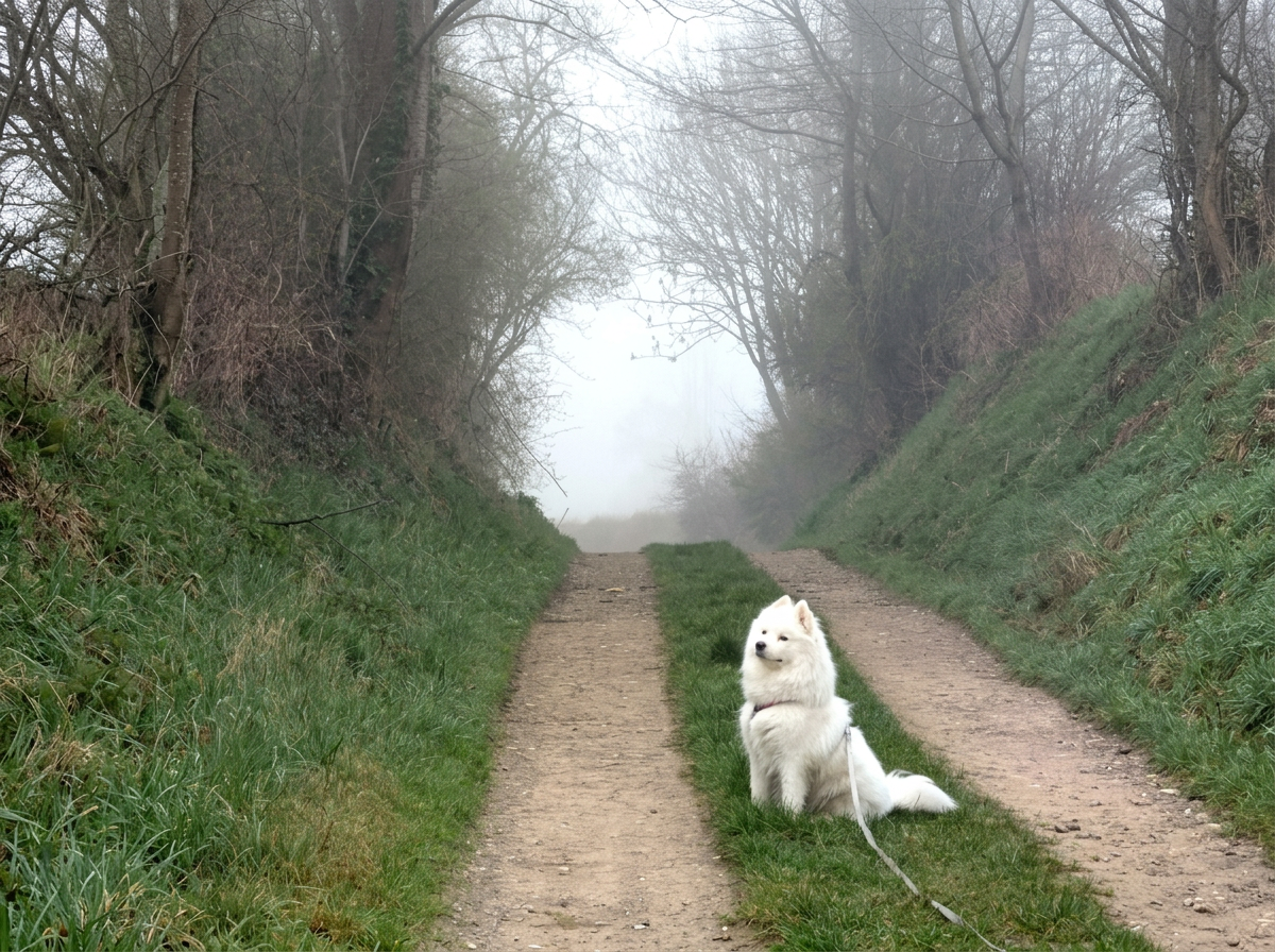Bao, petit chien blanc, assis sur un chemin de rando