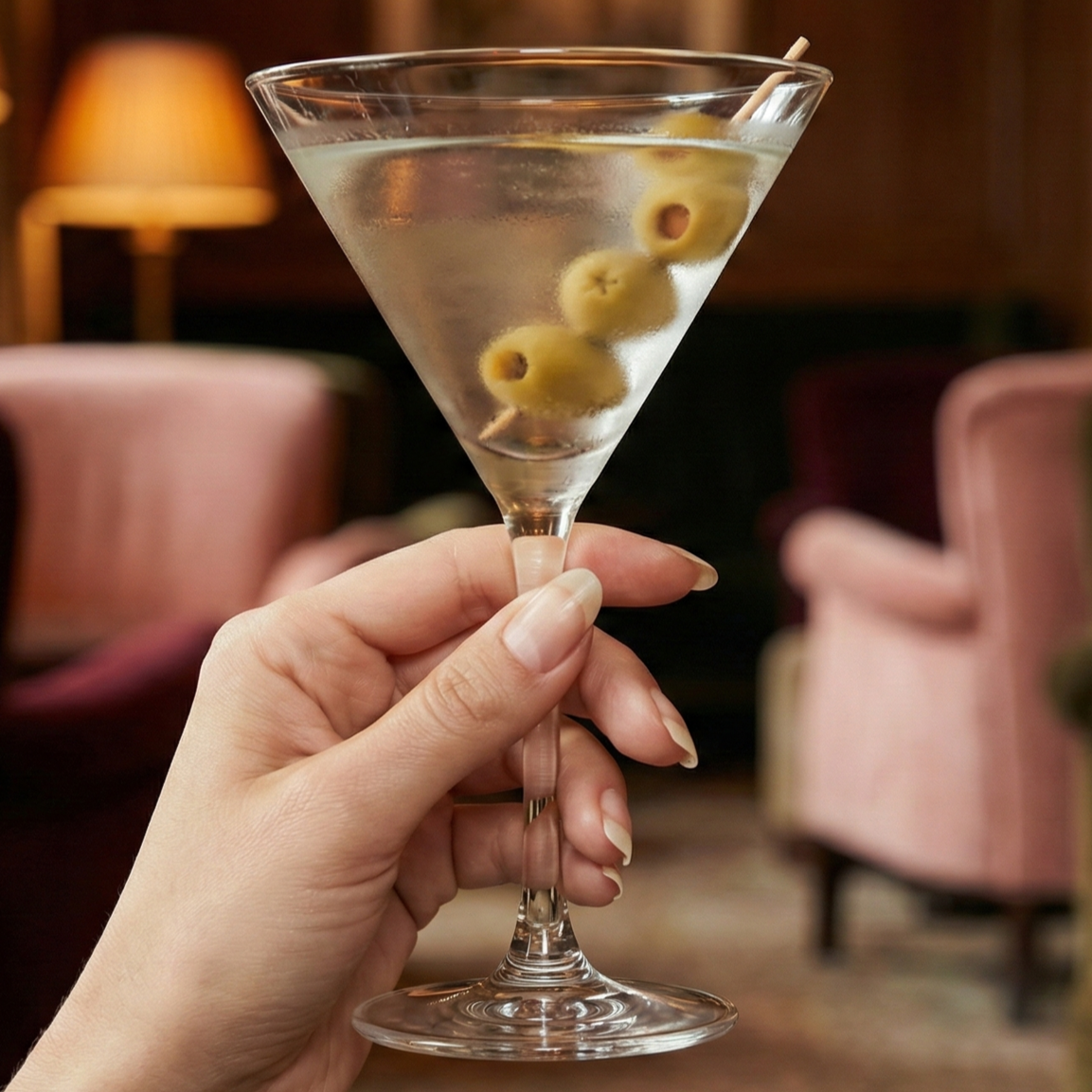 A hand holding a martini glass with olive garnishes in a bar or lounge setting.