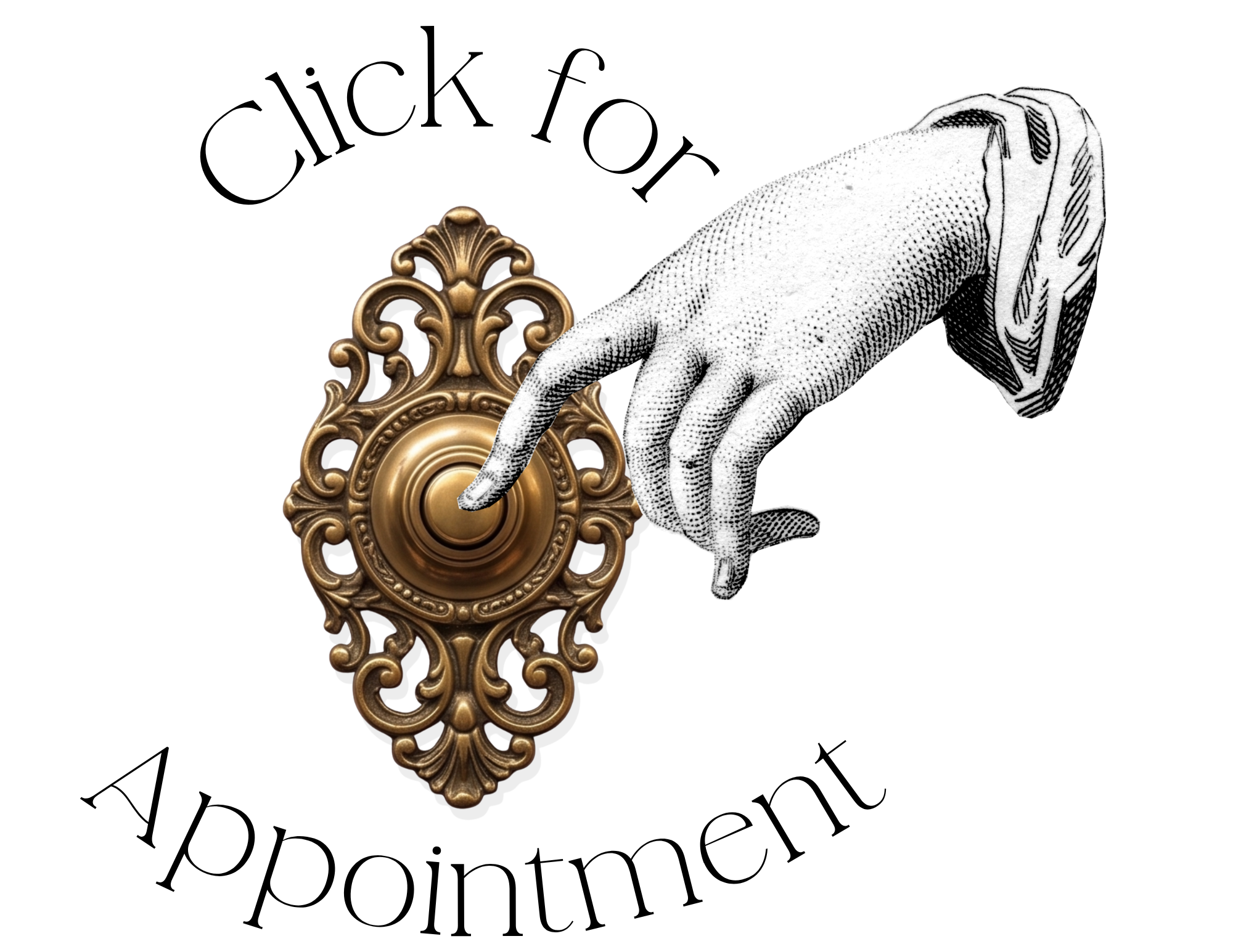 A black-and-white illustration of a gloved hand pressing a decorative gold doorbell with ornate scrollwork on a black background.