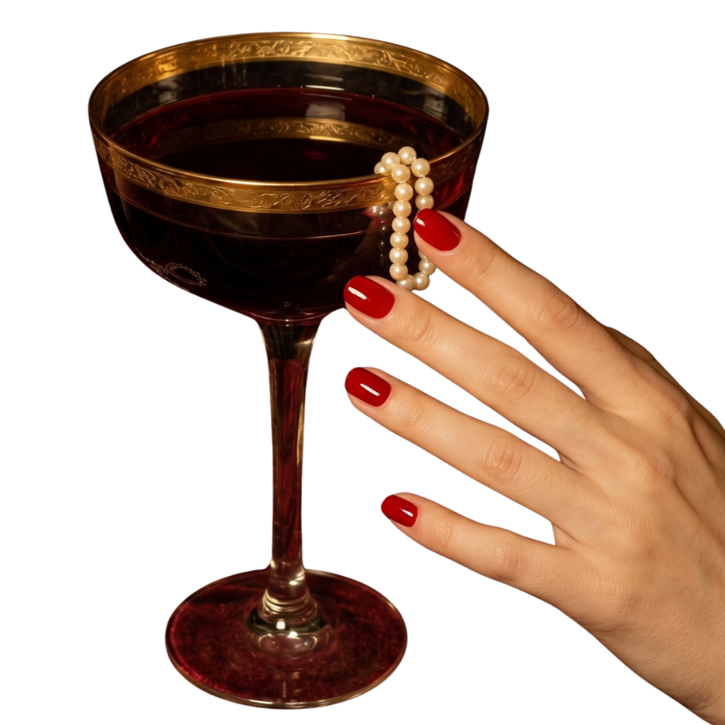 A hand with red nail polish holding a pearl necklace hanging on the rim of a glass of red wine, against a black background.