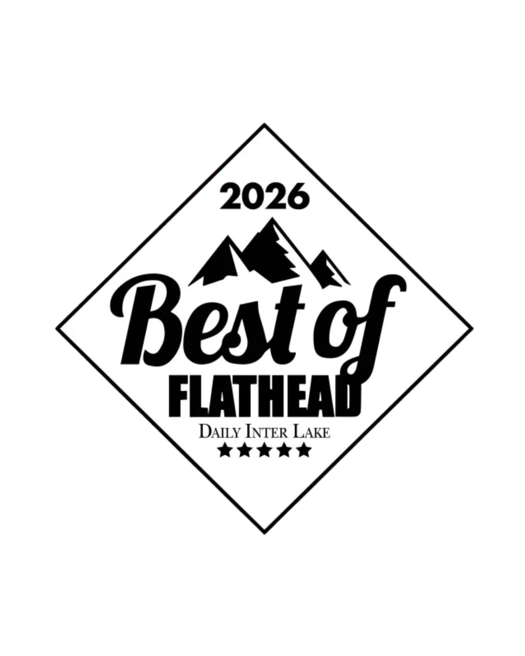 A black and white logo with a mountain illustration, the text "2026 Best of Flathead," "Daily Inter Lake," and five stars.