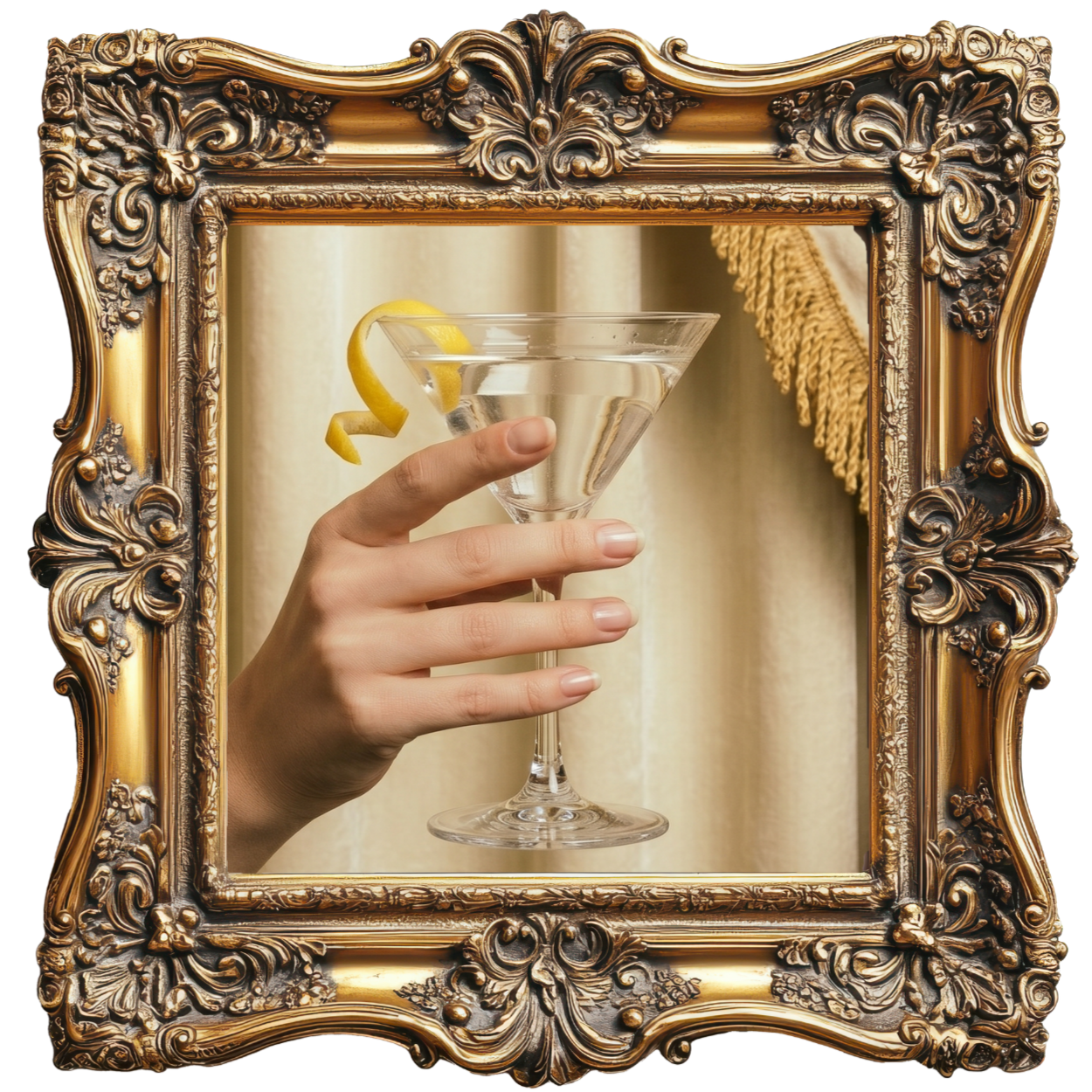 A hand holding a martini glass with a lemon twist garnish, viewed through an ornate gold and black decorative frame.