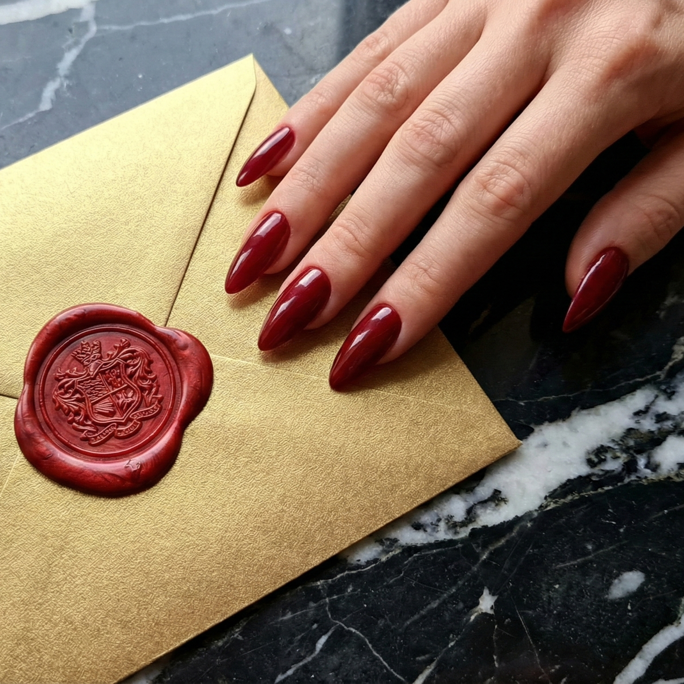 A hand with long, pointed, red nails resting on a gold envelope with a red wax seal.