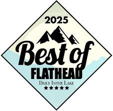 Logo for the 2025 Best of Flathead, Daily Inter Lake, featuring mountains, and text.
